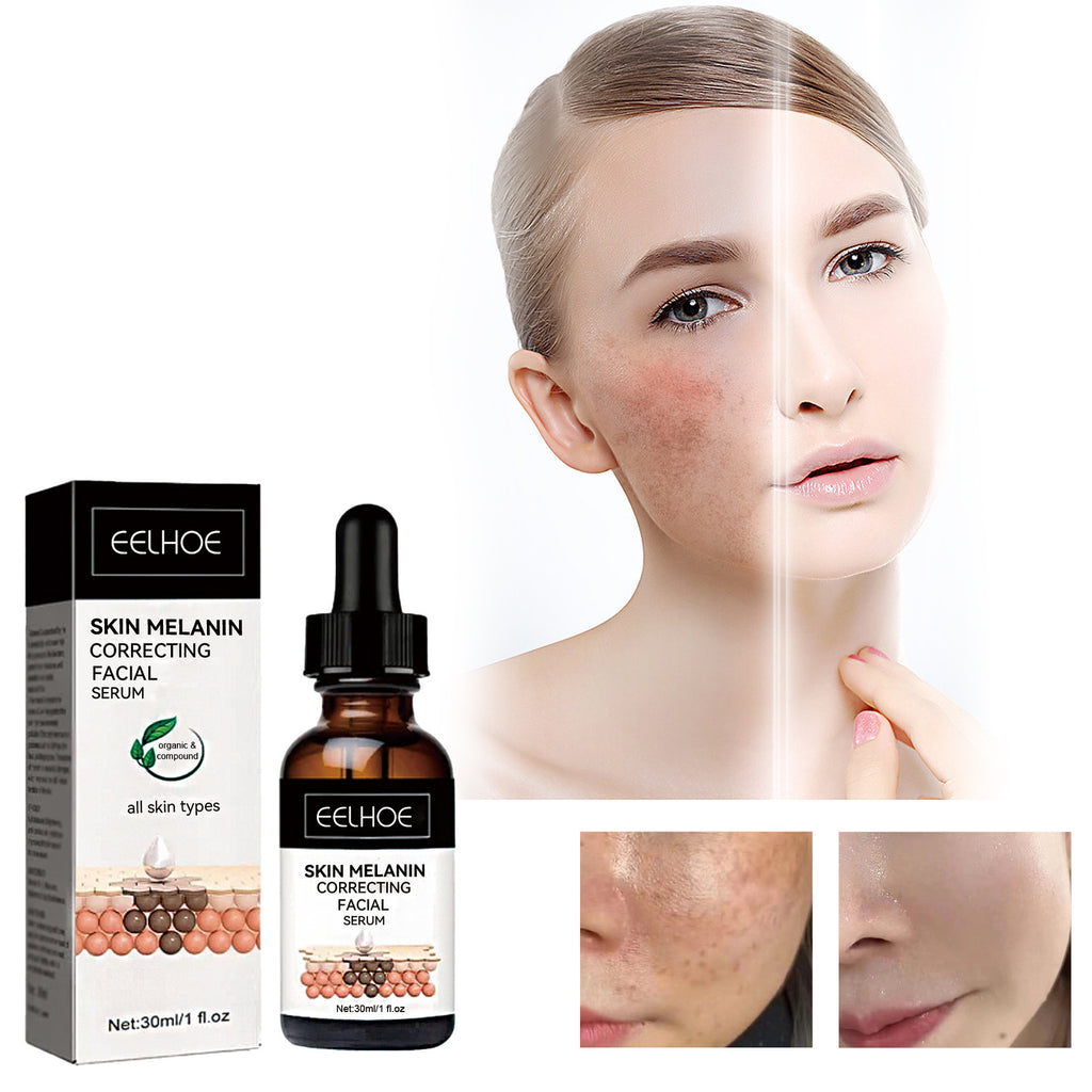 Eelhoe skin melanin correcting facial serum with packaging and before-and-after effects on skin.