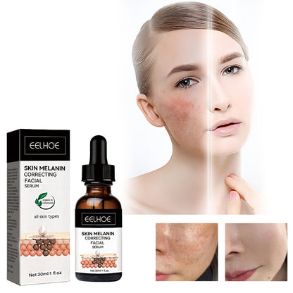 Eelhoe skin melanin correcting facial serum with packaging and before-and-after effects on skin.