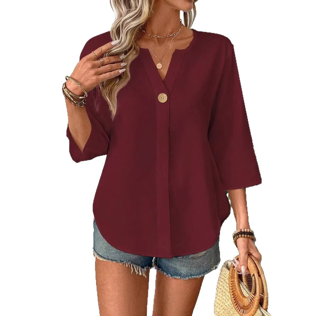 Loose V-Neck Button Casual Shirt