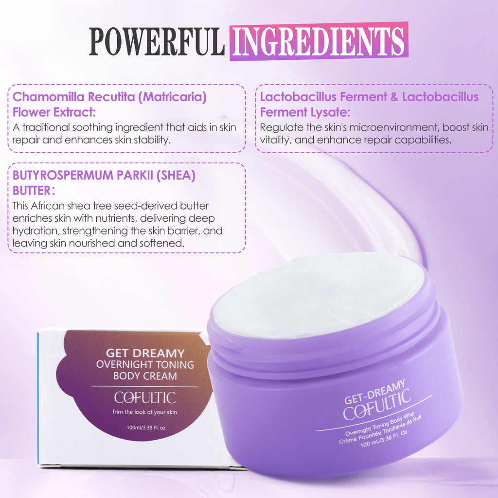 Cofultec Get Dreamy Overnight Toning Body Cream with ingredients listed on a purple background