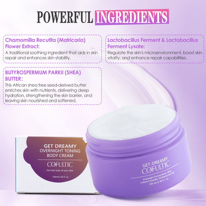 Cofultec Get Dreamy Overnight Toning Body Cream with ingredients listed on a purple background