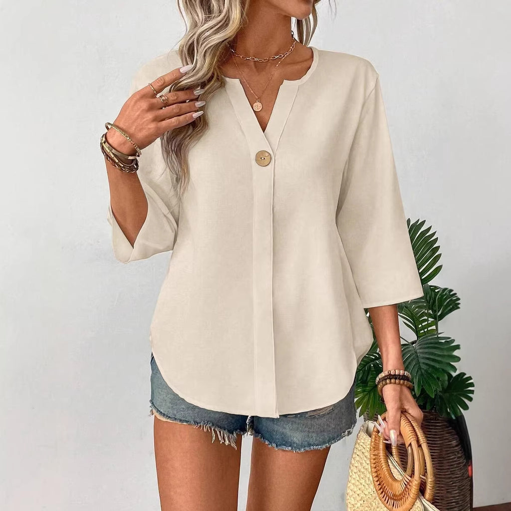 Loose V-Neck Button Casual Shirt