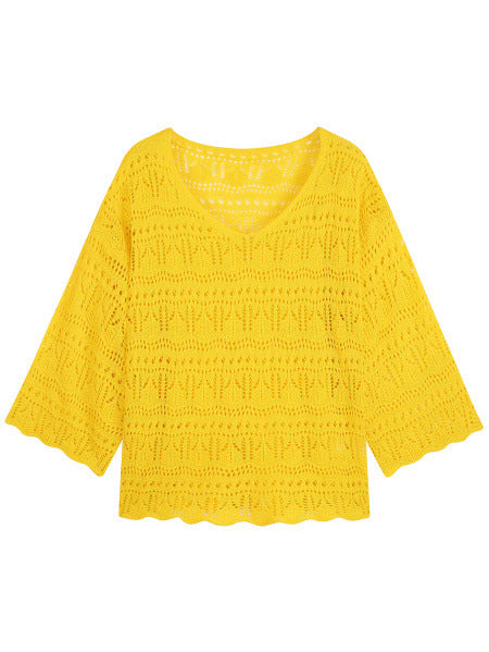 Crochet Hollow-Out V-Neck Long Sleeve Top