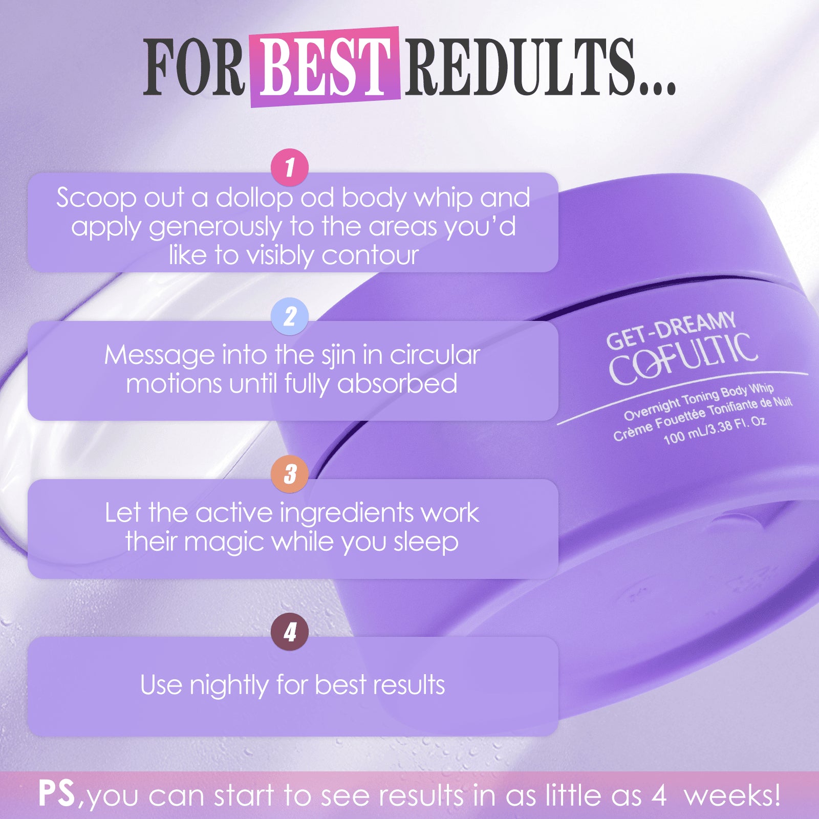 Purple body whip with application instructions on a light purple background
