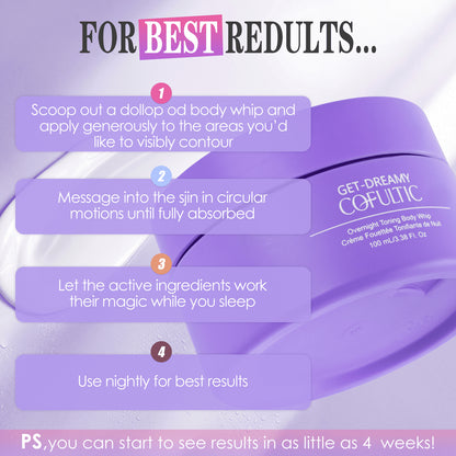 Purple body whip with application instructions on a light purple background