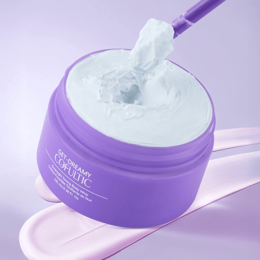Purple jar of cosmetic product with a purple spatula on a light purple background