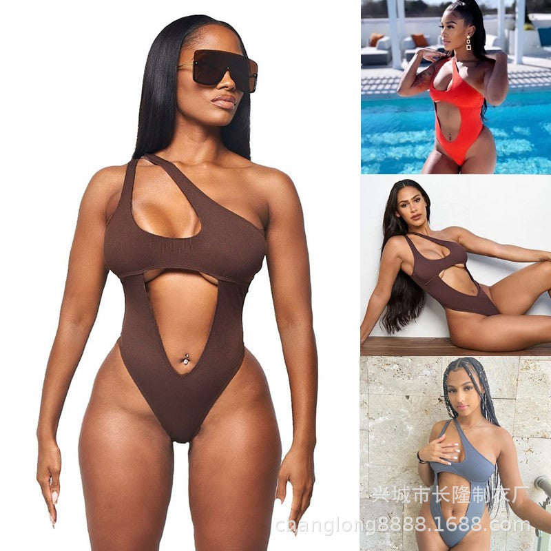 One-Shoulder Knit Swimsuit Dress