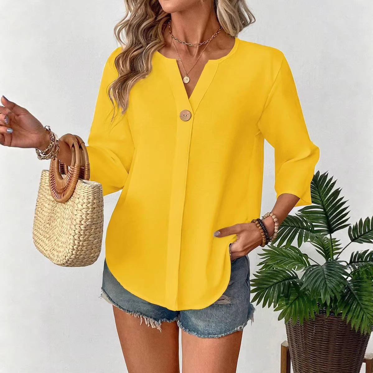 Loose V-Neck Button Casual Shirt