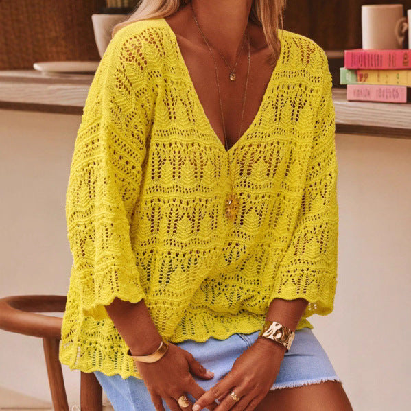 Crochet Hollow-Out V-Neck Long Sleeve Top