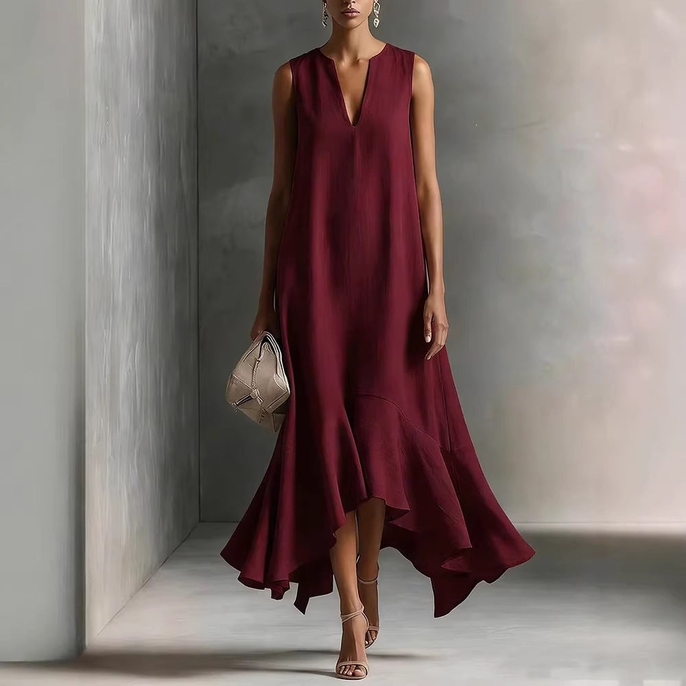 Deep V-Neck Sleeveless Asymmetrical Hem Elegant Dress