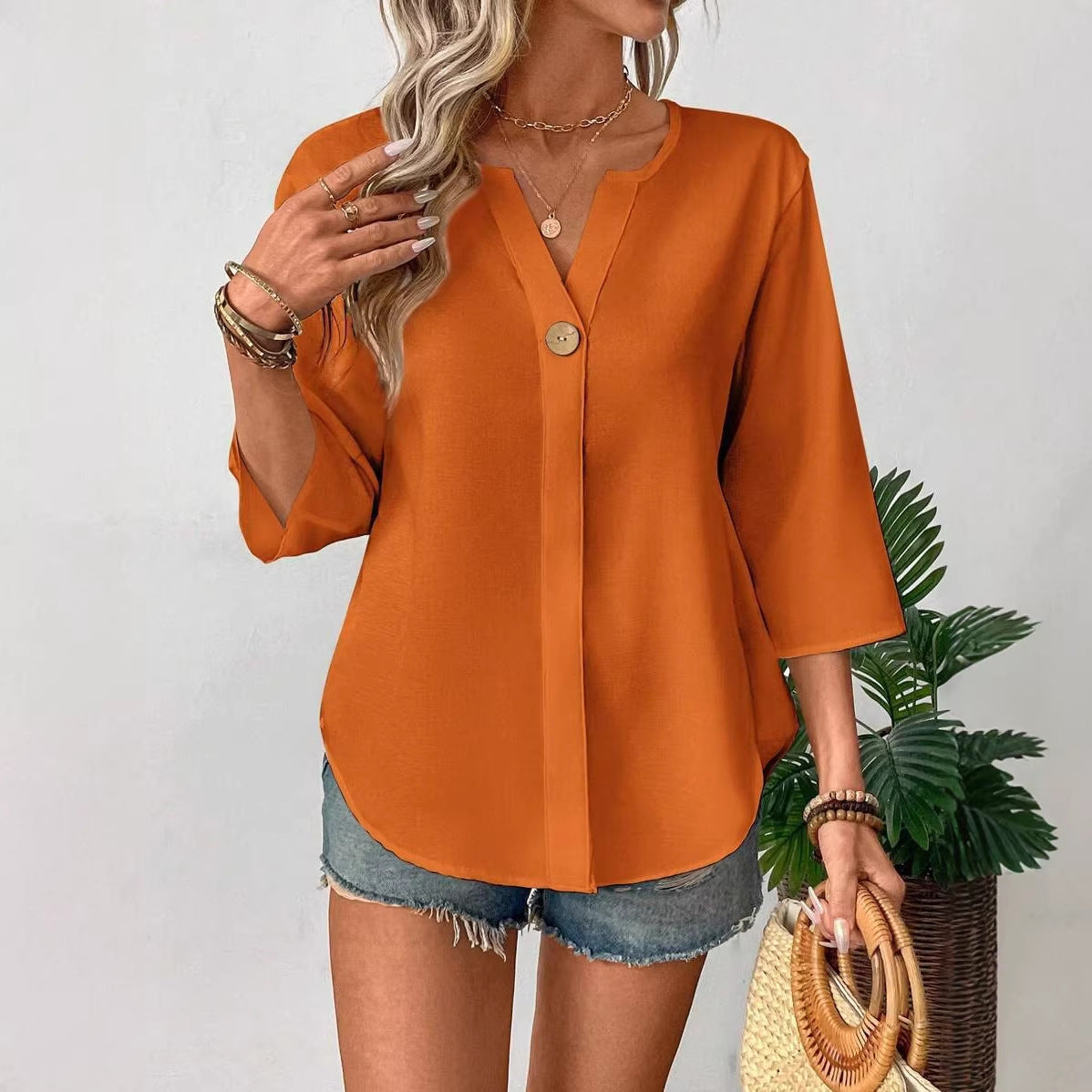 Loose V-Neck Button Casual Shirt