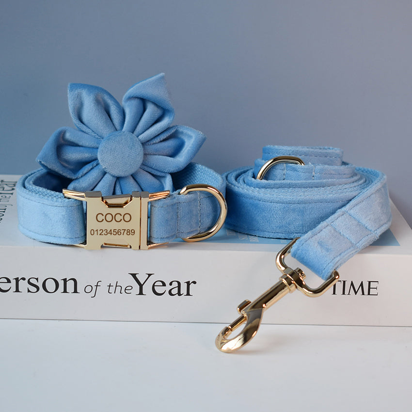 Blue Velvet Dog Collar & Leash Set