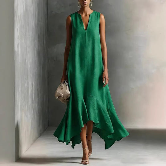 Deep V-Neck Sleeveless Asymmetrical Hem Elegant Dress