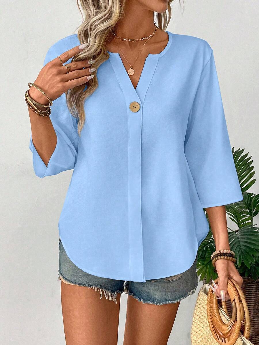 Loose V-Neck Button Casual Shirt