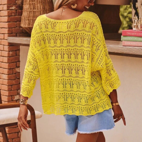 Crochet Hollow-Out V-Neck Long Sleeve Top