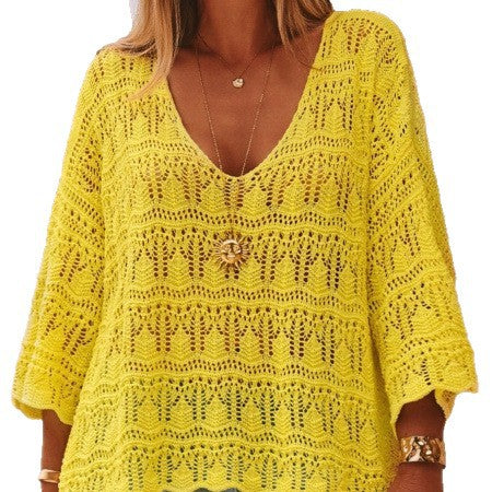 Crochet Hollow-Out V-Neck Long Sleeve Top