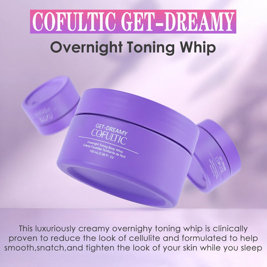 Purple container of COFULTIC GET-DREAMY Overnight Toning Whip on a light purple background