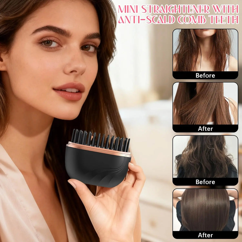 Mini Cordless Hair Straightener Brush – USB Rechargeable, Anti-Scald