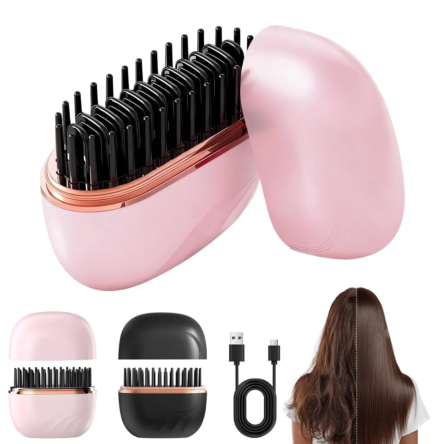 Mini Cordless Hair Straightener Brush – USB Rechargeable, Anti-Scald