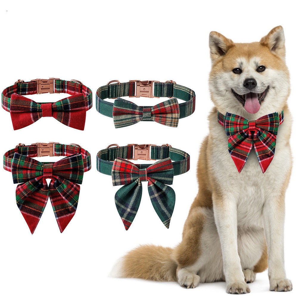 Plaid Bow Dog Collar with Rose Gold Buckle