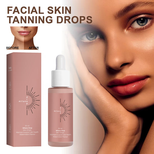 Facial skin tanning drops with a before and after effect on a model's face, displayed with packaging and dropper bottle.