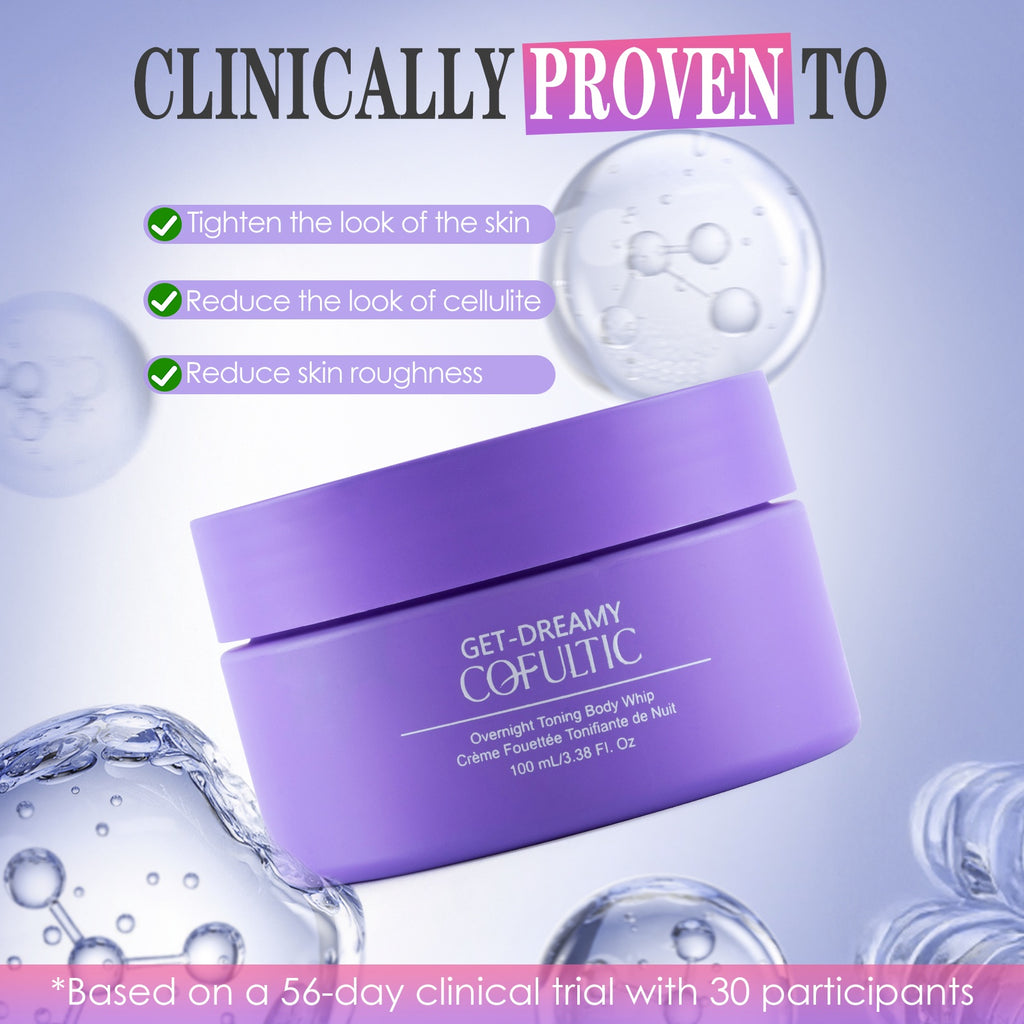 Purple jar of body wrap with clinical benefits on a light purple background
