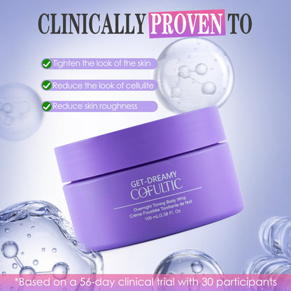 Purple jar of body wrap with clinical benefits on a light purple background