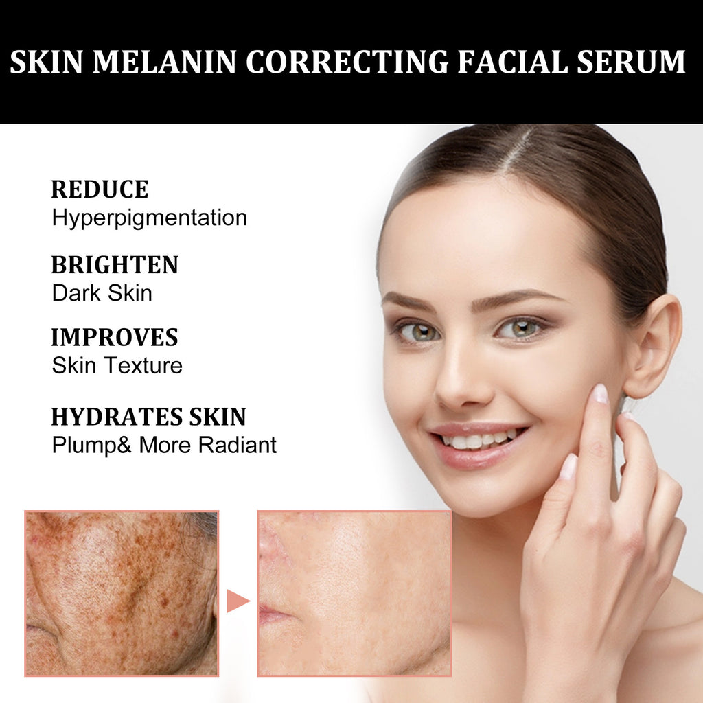Advertisement for a skin melanin correcting facial serum with a woman's face and before/after effects shown.