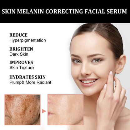 Advertisement for a skin melanin correcting facial serum with a woman's face and before/after effects shown.