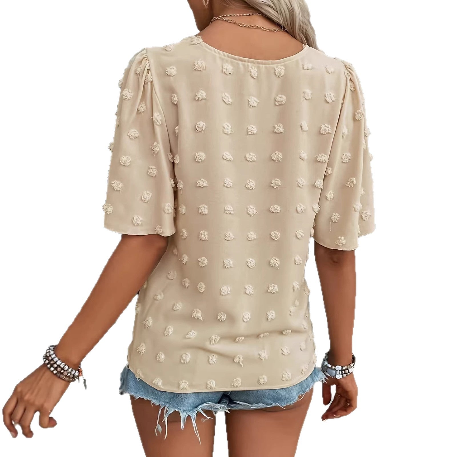Women's V-Neck Lace-Trim Swiss Dot Casual Top