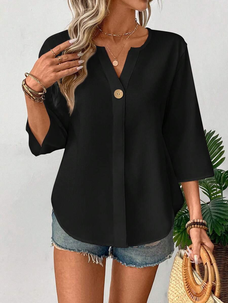 Loose V-Neck Button Casual Shirt
