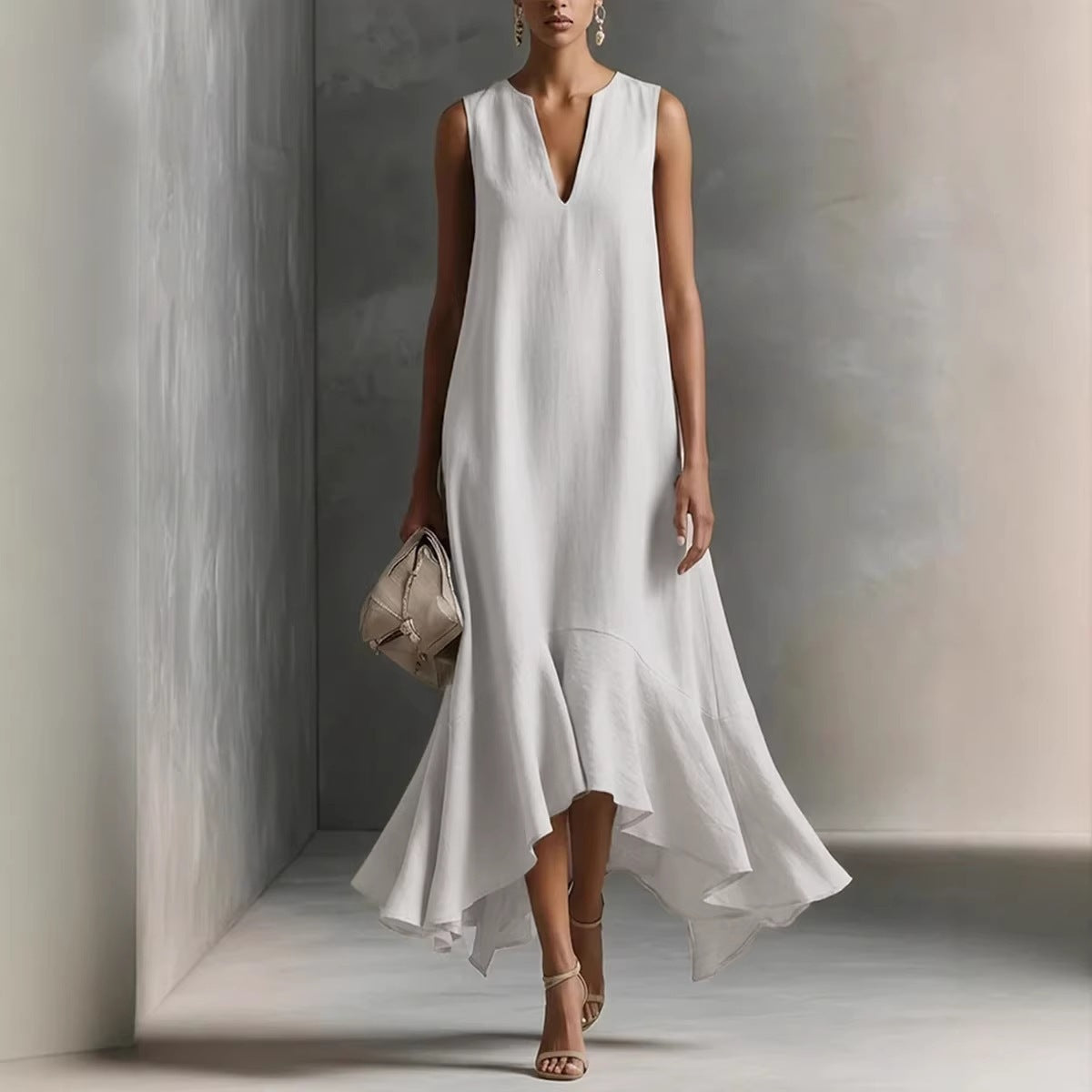 Deep V-Neck Sleeveless Asymmetrical Hem Elegant Dress
