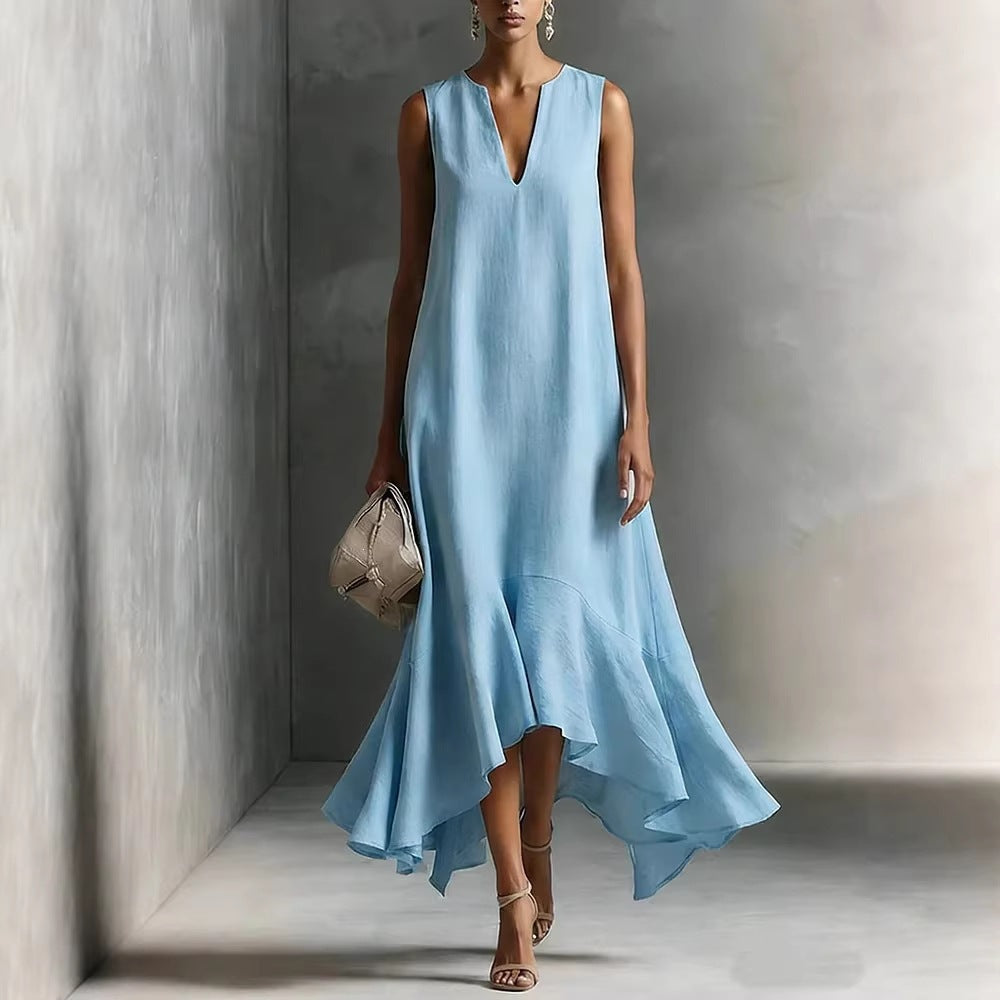 Deep V-Neck Sleeveless Asymmetrical Hem Elegant Dress